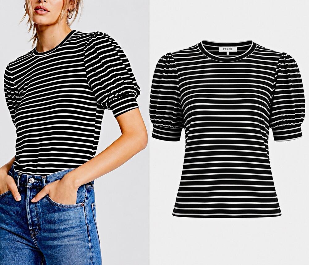 FRAME Black White Striped Puff Sleeve Knit Top XL NWT Designer